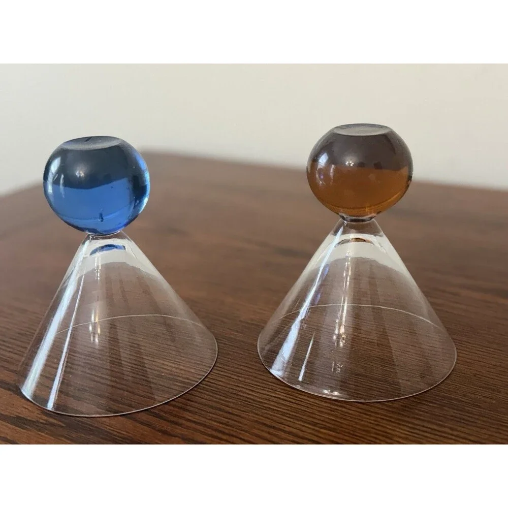 Set of 2 Post Modern Clear Glass Martini Glasses Blue & Amber Ball Base